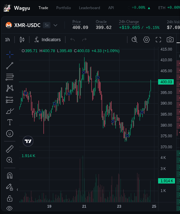 xtrader.com trading platform displays a black and green line chart with red and blue lines, displaying the change in price over time for XMRUSDC and XMRSDC.