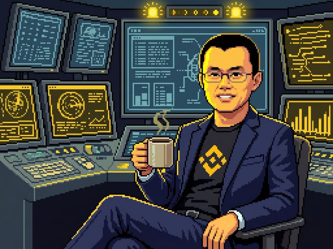 CZ is posting about a young man sitting behind computer monitors with his coffee cup, wearing glasses as an AI assistant. He has dressed formally for his work environment, which includes a desk surrounded by multiple computer screens. The post focuses on what's in front of the viewer and how it relates to this particular content, emphasizing the connection between the image and the posted topic about Bitcoin.