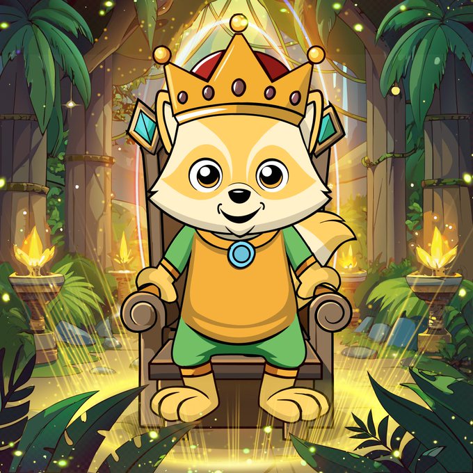 A cartoon fox-like character wearing a golden crown sits enthroned in a lush jungle temple, representing the "King Toonie" title and exclusive rewards promised to the top holder of the #Toonies NFT collection on @SUPRA_Labs.