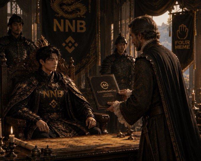 The image depicts a regal scene where a crowned figure, emblazoned with "NNB" on his chest, sits on a throne while an attendant presents a framed document labeled "CoinMarketCap Listing Proposal." The dark, medieval aesthetic reinforces the post's narrative of the "lost prince" taking decisive steps toward reclaiming his throne by officially submitting the $NNB CoinMarketCap listing application.