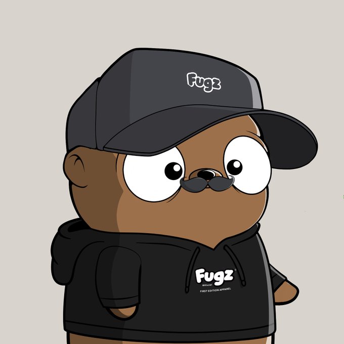 A cartoon illustration of a brown bear character wearing a black cap with 'Fugz' text, a mustache, and a black hoodie branded 'Fugz - Bitcoin - First Edition Apparel'.
