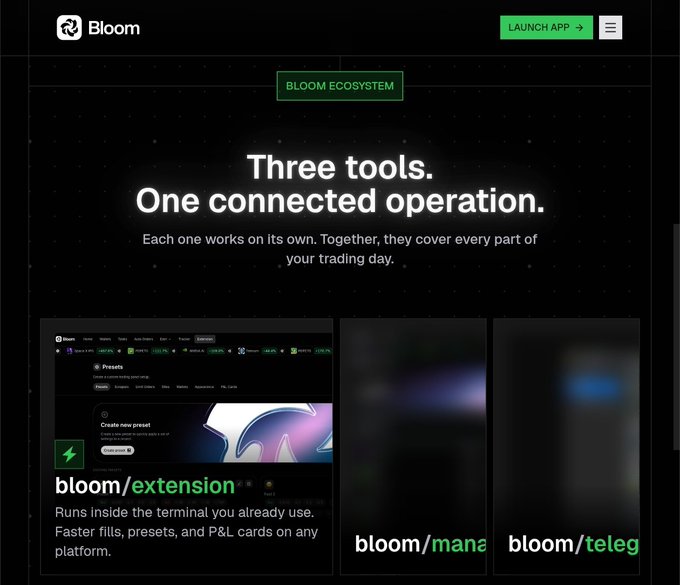 A webpage for "Bloom" advertising "Three tools. One connected operation." under the heading "BLOOM ECOSYSTEM," showing sections for bloom/extension, bloom/manage, and bloom/telegram.