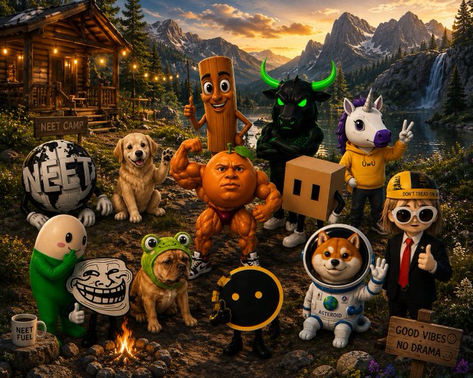 A whimsical group of internet meme characters, including Doge, Pepe, Trollface, Wojak, and various crypto mascots, gather at a campsite labeled "NEET CAMP" with signs reading "GOOD VIBES NO DRAMA" and "DON'T TREAD ON ME," set against a scenic mountain backdrop. The image ties into "Memes are made on Solana" by showcasing the eclectic cast of beloved meme figures that thrive on the Solana blockchain's meme coin culture.