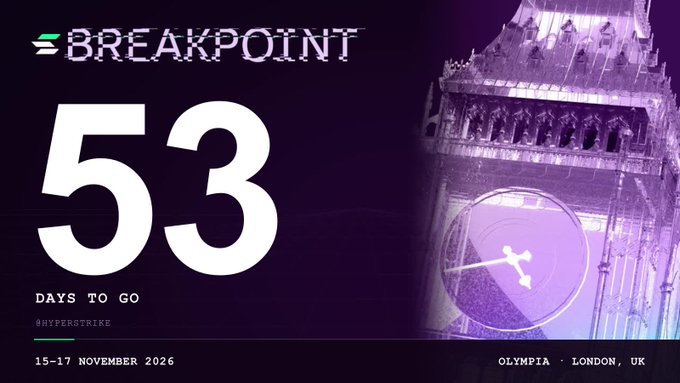 Promotional banner for 'BREAKPOINT' by Hyperstriker, showing '53 DAYS TO GO' for the event on 15-17 November 2026 at Olympia, London, UK, with a purple-tinted image of Big Ben in the background.