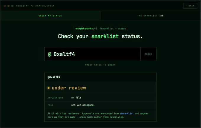 A screenshot of a terminal-style status check page on the snarklist registry, showing the status for '@0xaltf4' as 'under review' with their application on file.
