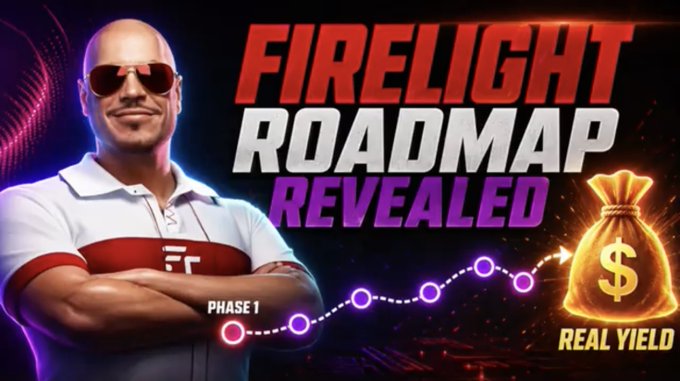 Promotional graphic for 'FIRELIGHT ROADMAP REVEALED' featuring a bald man in sunglasses, a money bag labeled 'REAL YIELD', and a 'PHASE 1' timeline graphic.