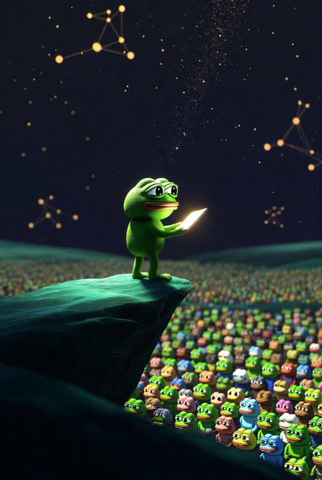 A 3D-rendered Pepe the Frog character standing on a cliff holding a glowing paper, overlooking a crowd of colorful Pepe variants under a starry constellation sky.