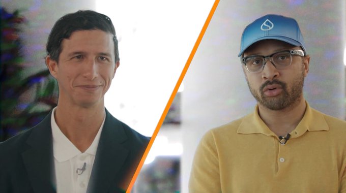 The image shows two men wearing glasses and a yellow shirt with an orange stripe. One man has a blue hat on while the other wears a white shirt. They are standing next to each other against a gray background, which appears to be part of a larger image or video. The text in the image reads "Sui'S Vision: payments, privacy, and the infrastructure for the agentic economy with @EmanAbio ( @SuiNetwork Founder), and @_dsencil ( @BitcoinNews media manager) Summary".