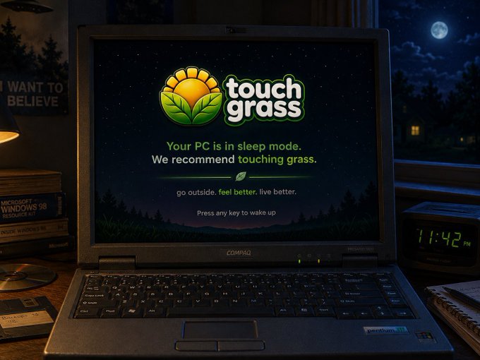 A laptop screen displays a 'touch grass' screensaver with the text 'Your PC is in sleep mode. We recommend touching grass. go outside. feel better. live better. Press any key to wake up,' set in a dimly lit room at 11:42 PM.
