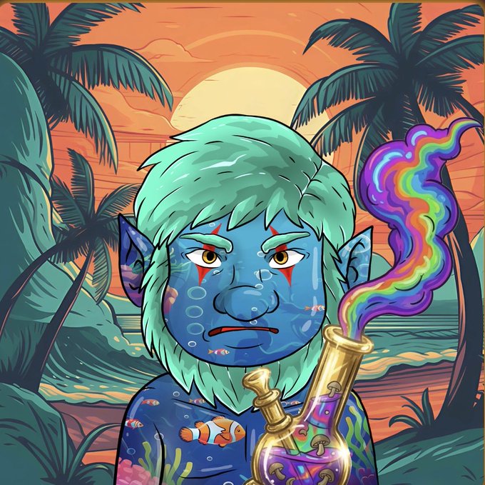 A vibrant digital artwork of a blue-skinned, green-haired character with pointed ears, surrounded by underwater and tropical elements like fish, coral, and palm trees against a sunset, holding a golden smoking pipe emitting rainbow smoke.