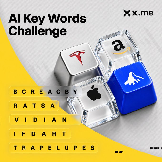 An 'AI Key Words Challenge' graphic by x.me featuring keyboard keys with Tesla, Amazon, Apple, and a mountain logo, alongside rows of random letters.