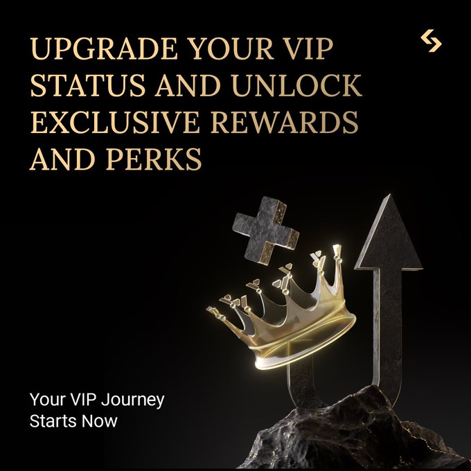A promotional graphic with gold text on a black background reading 'UPGRADE YOUR VIP STATUS AND UNLOCK EXCLUSIVE REWARDS AND PERKS' and 'Your VIP Journey Starts Now,' featuring a glowing gold crown resting on a black rock with cross and arrow symbols.