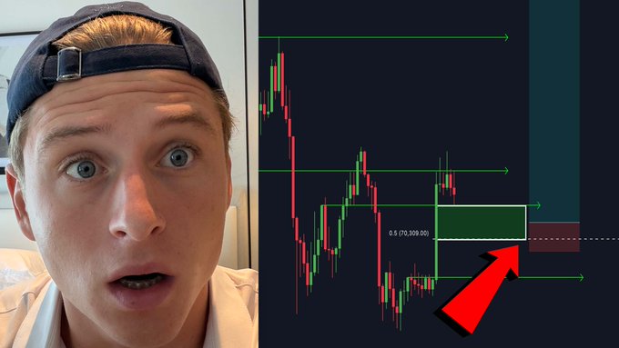 A man with a surprised expression and a backwards cap appears alongside a Bitcoin price chart, which features green support/resistance arrows and a highlighted green zone labeled "0.5 [70,329.08]," with a large red arrow pointing toward the target area to emphasize his bullish trade setup.