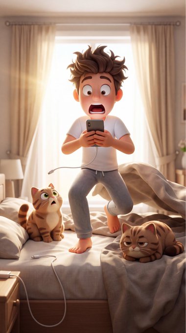 A wide-eyed, disheveled cartoon boy stands frozen on his bed in shock while two confused cats watch him, perfectly capturing the panicked realization of oversleeping after scrolling on his phone.