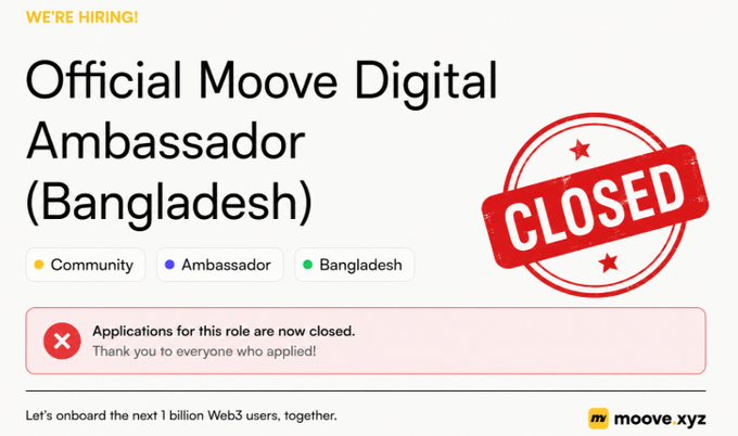 A job listing for 'Official Moove Digital Ambassador (Bangladesh)' marked as 'CLOSED' with a red stamp and a message that applications are no longer accepted.