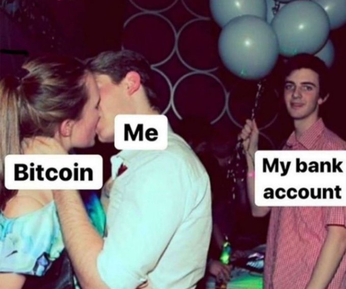 A man labeled "Me" kisses a woman labeled "Bitcoin" while a forlorn man holding balloons labeled "My bank account" looks on, capturing the joke that crypto investments have left traditional savings behind.