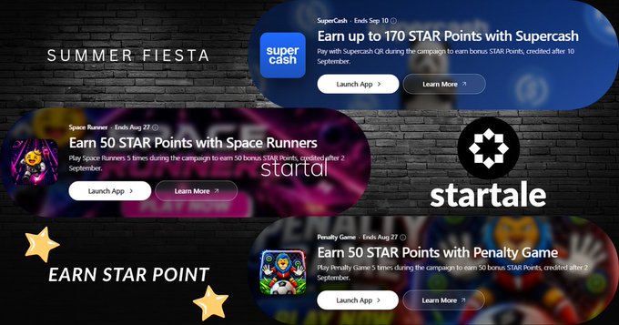 The image is a promotional graphic for Startale's "Summer Fiesta" campaign, highlighting opportunities to earn up to 170 STAR Points through three activities: playing Supercash QR, Space Runners, and Penalty Game before September 10, with startale.com branding and a brick wall background featuring star icons.