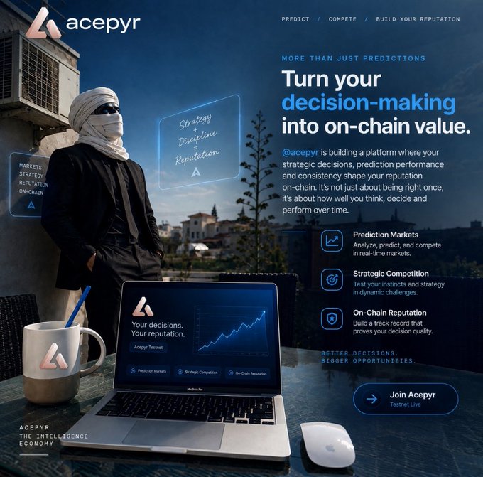 Marketing poster for 'Acepyr' with the tagline 'Turn your decision-making into on-chain value,' featuring a masked figure beside a laptop displaying a rising chart and features like Prediction Markets and Strategic Competition.
