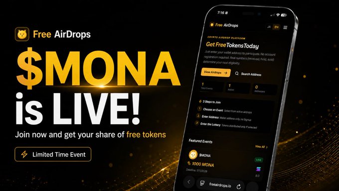 A promotional banner announcing that "$MONA is LIVE!" on the Free AirDrops platform, featuring a smartphone screenshot showing a curated airdrop listing for MONA tokens with 1,000 MONA up for grabs and a limited time event badge.