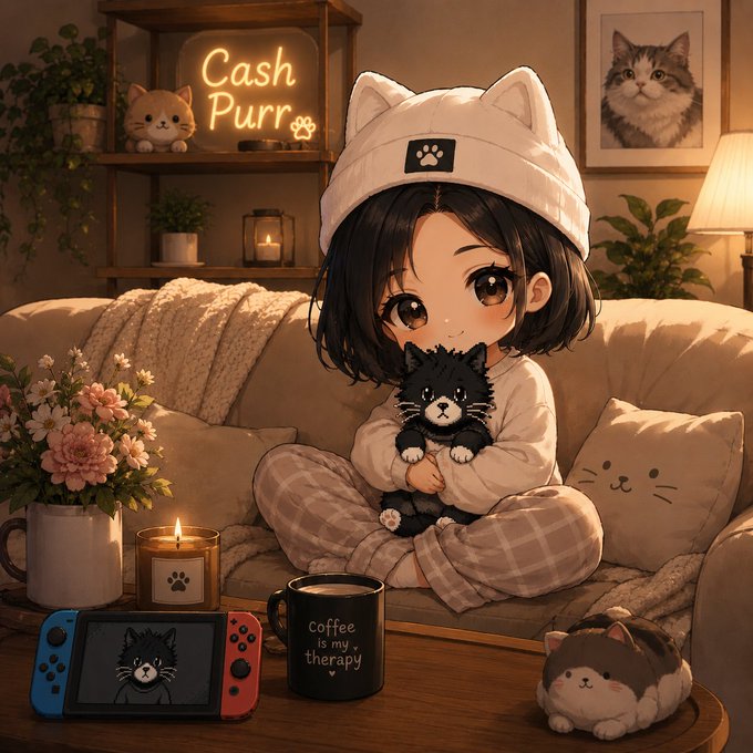 Chibi-style anime illustration of a girl in cat-eared hat holding a black kitten on a couch, with "Cash Purr" neon sign, a Nintendo Switch, coffee mug reading "coffee is my therapy," and other cats around the room.