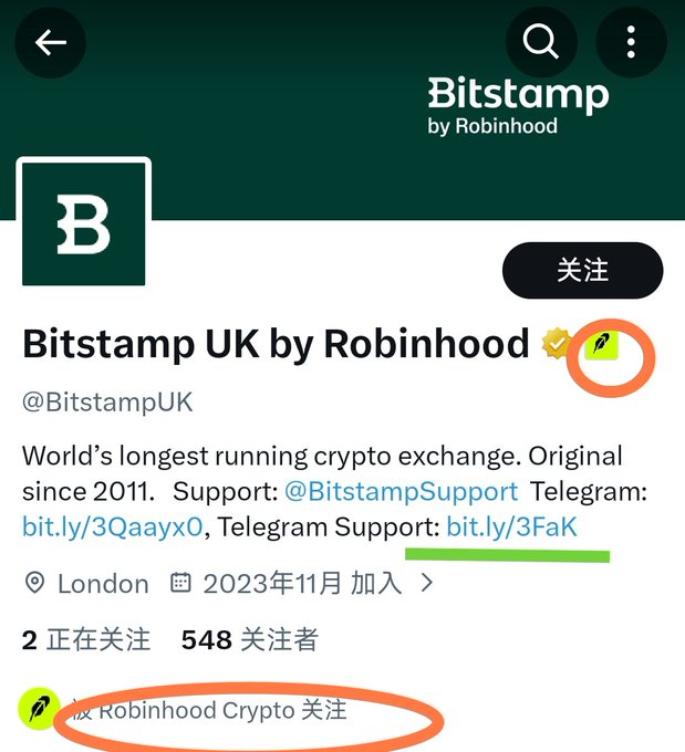 A screenshot of the Bitstamp UK by Robinhood (@BitstampUK) Twitter/X profile page, showing a green verified badge and a mutual following relationship with Robinhood Crypto, which relates to the post's mention of an affiliate account link in the bio promoting the $WIF token contract.