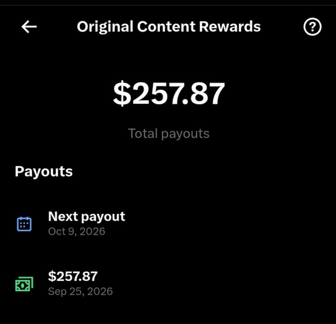 A screenshot of Twitter's "Original Content Rewards" page showing a total payout of $257.87, with a recent payout of $257.87 on Sep 25, 2026 and the next payout scheduled for Oct 9, 2026. This aligns with the post's excited reaction to earning their first creator payout from X (formerly Twitter).