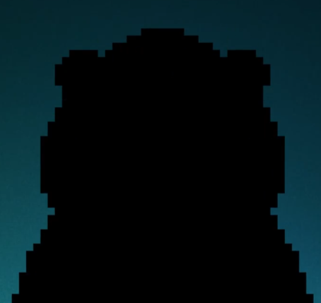 A dark, pixelated silhouette of a figure or object against a deep blue background.