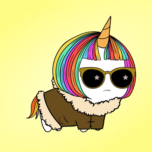 A cute cartoon unicorn character with a rainbow-colored mane, wearing star-shaped sunglasses and a brown winter coat with a fur collar, standing against a yellow background.