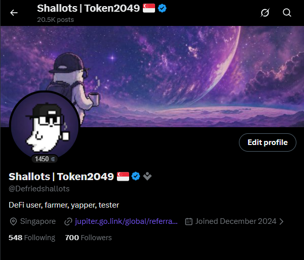 A X (Twitter) profile for 'Shallots | Token2049' (@Defriedshallots), a DeFi user and farmer based in Singapore with 548 following and 700 followers.