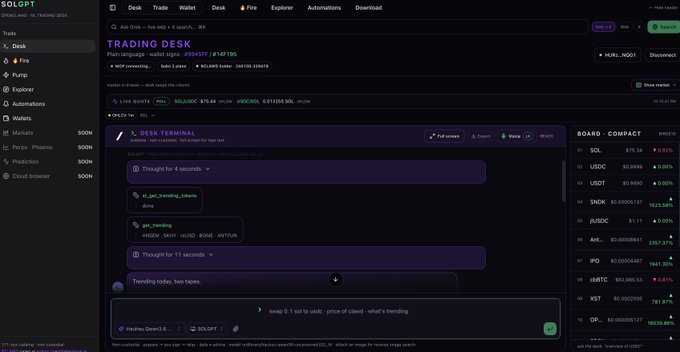 Screenshot of the SOLGPT trading platform showing a Trading Desk interface with a DSK Terminal featuring an AI agent, displaying cryptocurrency pairs like SOL/USDC and various market prices on the right sidebar.