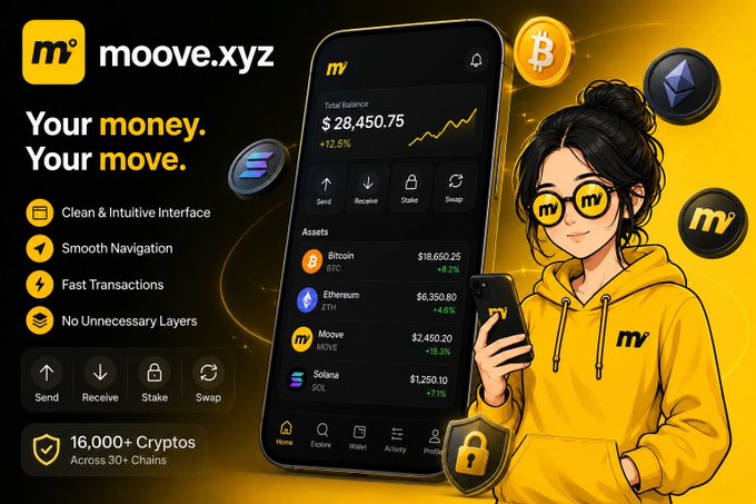 A promotional graphic for “moove.xyz” crypto wallet, featuring the tagline “Your money. Your move.”, a phone dashboard showing Bitcoin, Ethereum, Moove, and Solana assets, and claims such as “16,000+ Cryptos Across 30+ Chains.”