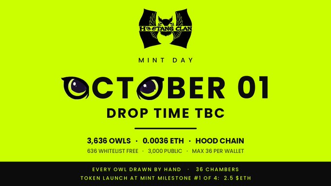 A promotional graphic on a bright green background announces "OCTOBER 01" as the "MINT DAY" for "HOOTANG CLAN", detailing "3,636 OWLS" and "0.0036 ETH" with "HOOD CHAIN".