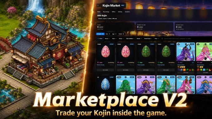 Promotional graphic for 'Marketplace V2' advertising that users can 'Trade your Kojin inside the game,' featuring a game interface with 'Kojin Market' and '999 Kojin' next to an Asian-style building.
