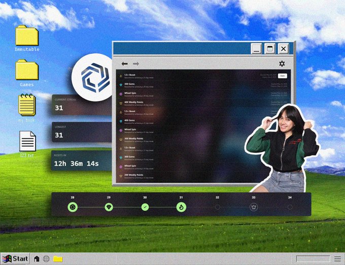 The image shows a computer screen displaying a desktop with a woman's face, likely a cartoon or meme, as part of an online game called "Day 31 on Immutable". The background features a green field under a blue sky with clouds. The text in the image reads "Focus on what is in the image and how it relates to the post."