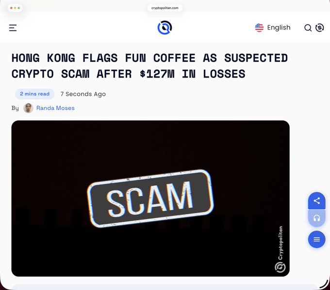 A CryptoPolitan article titled "Hong Kong Flags Fun Coffee as Suspected Crypto Scam After $127M in Losses" by Randa Moses, featuring a dark "SCAM" graphic that visually reinforces the post's story about the Vietnamese-rooted coffee project Fun Coffee being accused of a $127M crypto investment scam in Hong Kong.