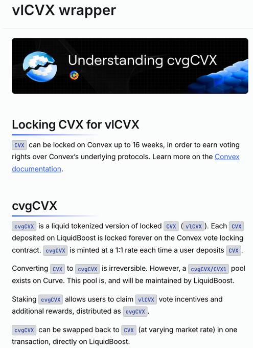 A screenshot of the “vlCVX wrapper” page shows a “Locking CVX for vlCVX” section and details for “cvgCVX,” including that CVX can be locked for up to 16 weeks and that cvgCVX is minted at a 1:1 rate. It also says cvgCVX can be swapped back to CVX at a varying market rate in one transaction directly on LiquidBoost, relevant to the post’s concern about exiting and redeeming the wrapped token at 1:1.