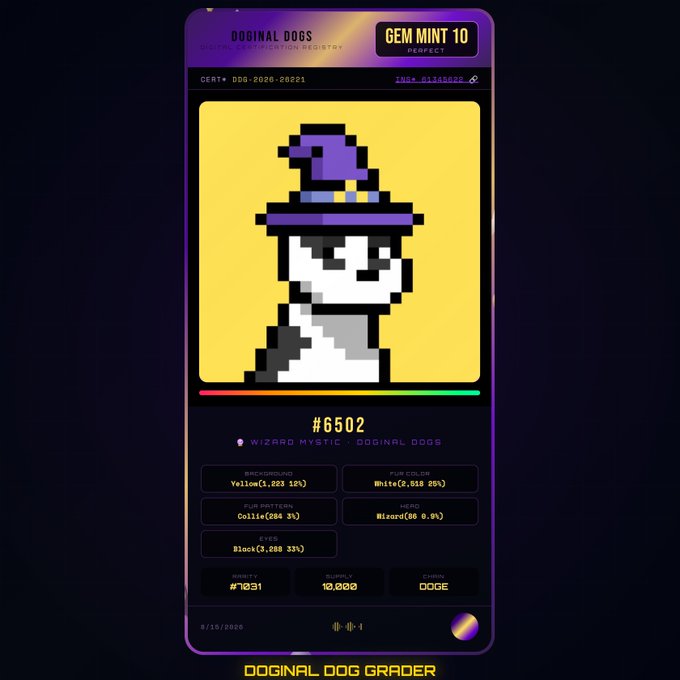 A digital trading card or NFT interface for 'DOGINAL DOGS' labeled 'GEM MINT 10', featuring pixel art of a dog wearing a purple wizard hat, identified as #6502 'WIZARD MYSTIC'.