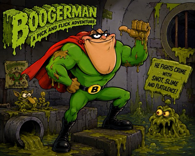 The image features a cartoon character dressed as a superhero, standing next to a sign that says "he fights crime with snot slime and feature!". The character appears to be wearing a green suit and holding up his fist. In the background, there are two other cartoon characters - one on each side of the main character.