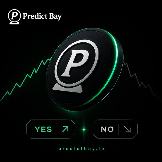 Promotional graphic for 'Predict Bay' (predictbay.io), a prediction market platform, featuring a black coin with a 'P' logo, green accent lighting, and YES/NO betting buttons.