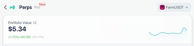 A screenshot of a 'Perps Pro' mobile interface showing a Portfolio Value of $5.34 with a +1.72% ($0.09) 24H PNL, connected to the FarmUSDT wallet.