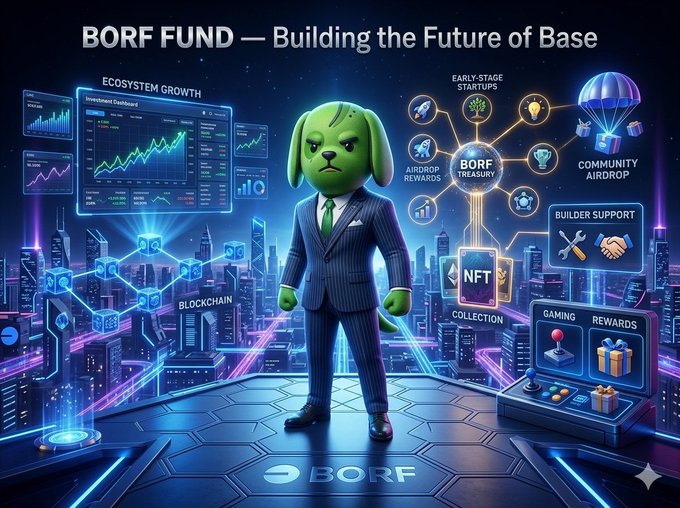 The image features a cartoon dog dressed in a suit standing in front of a city skyline with buildings, including one that says "BORF". The text above the dog reads "Building the Future of BORF", indicating that the project is focused on building something bigger than just crypto.