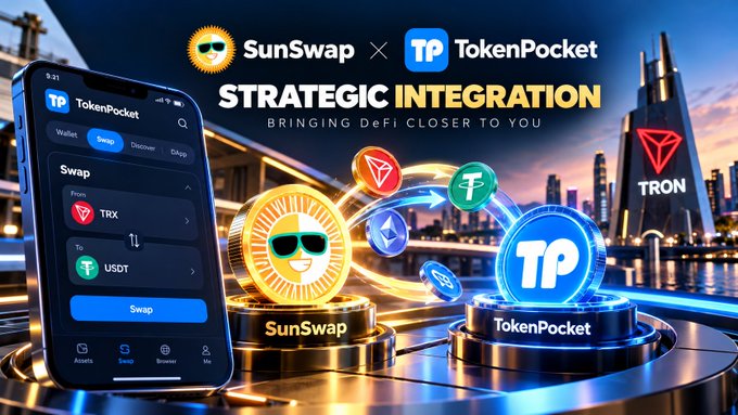 A promotional banner for 'SunSwap x TokenPocket STRATEGIC INTEGRATION - BRINGING DeFi CLOSER TO YOU' showing a smartphone displaying the TokenPocket swap interface alongside 3D coins for SunSwap, TokenPocket, and TRX.