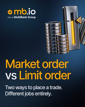 An advertisement for mb.io (Part of MultiBank Group) titled 'Market order vs Limit order' with the tagline 'Two ways to place a trade. Different jobs entirely,' featuring imagery of stacked gold coins and an oil barrel.