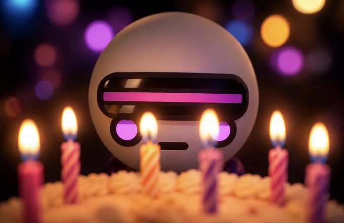 A futuristic robot character with glowing purple visor eyes peers over a birthday cake adorned with lit candles and festive bokeh lights, celebrating Glasto_'s birthday and his longstanding role in the SpaceRidersXYZ community.