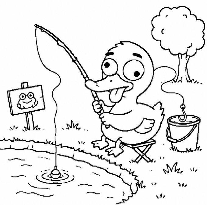 Black and white cartoon coloring page depicting a duck sitting on a stool fishing by a pond, with a frog sign and a bucket of fish nearby.