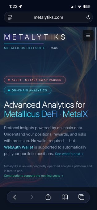 A mobile screenshot of the metalytiks.com website showing 'Advanced Analytics for Metallicus DeFi · MetalX,' with an alert stating 'METALX SWAP PAUSED' and information about on-chain analytics.
