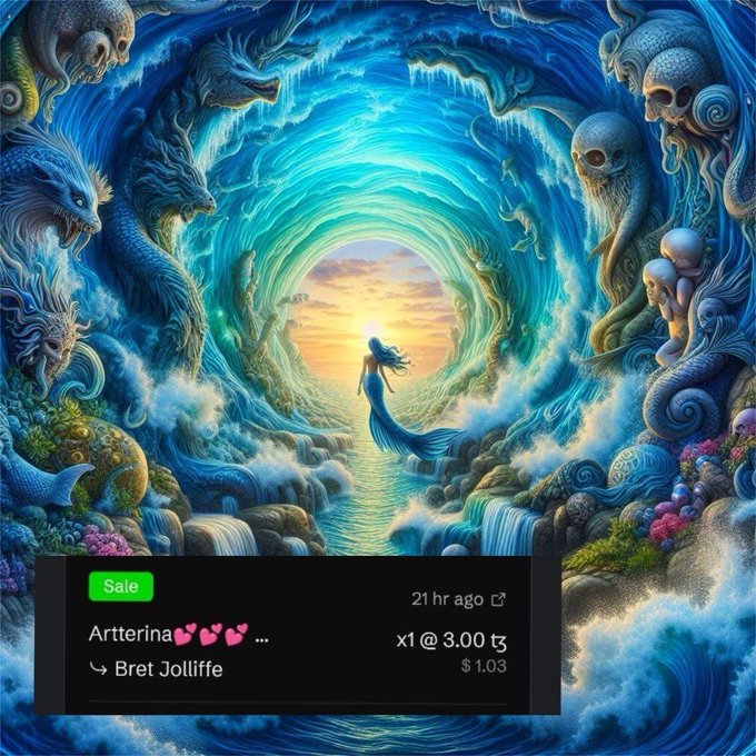 A fantasy digital artwork depicts a woman in a blue dress standing in an ocean cave surrounded by mythological creatures, with an NFT sale notification showing "Artterina" by Bret Jolliffe sold for "x1 @ 3.00 Ξ" ($1.03).