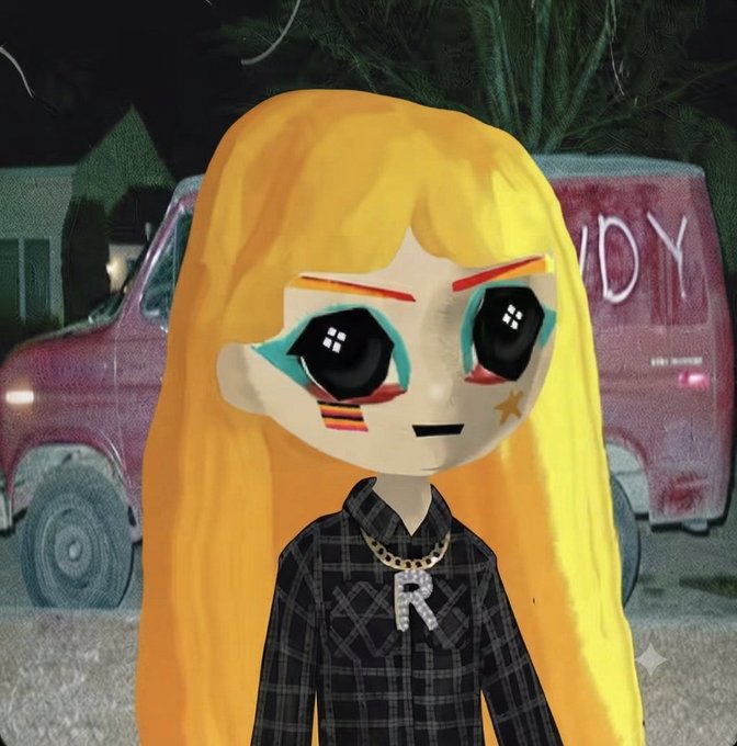 3D animated character with long blonde hair, rainbow eye makeup, and a gold 'R' chain necklace, standing in front of a red van with 'CANDY' graffiti.