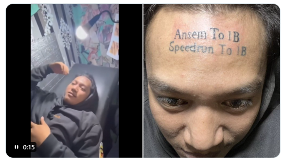 A two-panel image showing a man lying down in a dim room on the left, and a close-up of his forehead tattooed with 'Ansem To 1B Speedrun To 1B' on the right.