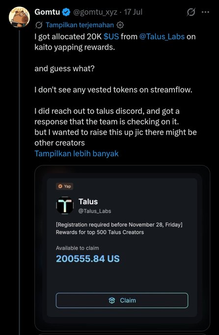 A tweet by Gomtu (@gomtu_xyz) about receiving 20K US$ from @Talus_Labs for Kaito yapping rewards, alongside a screenshot showing 200,555.84 US available to claim.